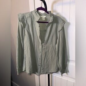 H&M Size‎ Small Oversized Sage Button-Up Blouse with Ruffle Long Sleeves